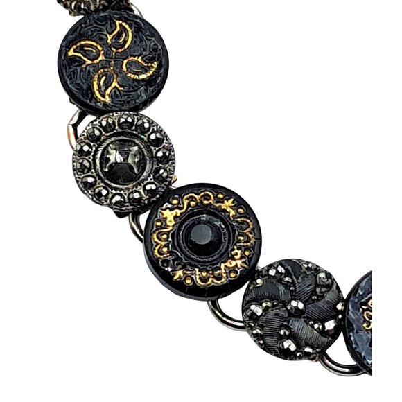 Antique Glass Button Bracelet With Black & Gold Tone Accents On Silver Tone Chai - Picture 4 of 8